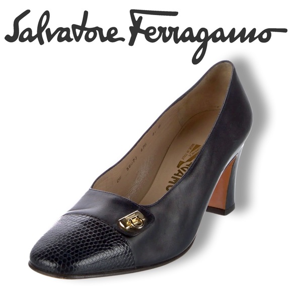 Vintage SALVATORE FERRAGAMO Square-Toe‎ Black Leather Heels - Picture 11 of 15